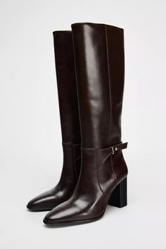 - Brown | ZARA United States Chocolate Boots, Leather High Heel Boots, Knee High Heels, Trench Jacket, Cardigan Sweater Dress, Zara United States, Brown Boots, Knee High Boots, Tank Shirt