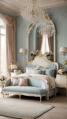 a bedroom with blue walls and white furniture, chandelier above the headboard