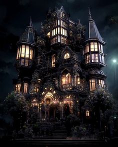 an elaborately designed house lit up at night