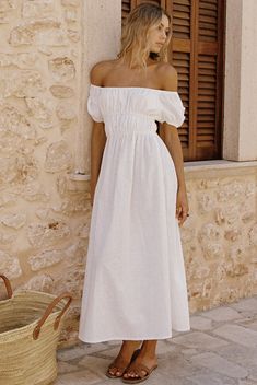 Lightweight maxi dressElasticated off shoulder design Elastic bustGathered skirt Puff statement sleeveLined bust Dress To Jumpsuit, Off Shoulder Design, Off The Shoulder Maxi Dress, Skirt Draping, White Off The Shoulder, White Off Shoulder, Pink Midi Dress, Australian Fashion, Red Mini Dress