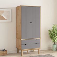 a grey cabinet sitting next to a potted plant