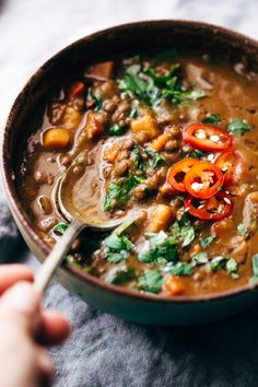 a person holding a spoon in a bowl filled with stew and vegtables