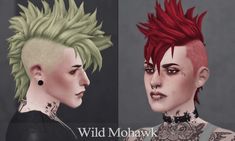 two different colored hair styles with piercings on their ears and neck, one is red and the other is green