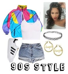 a woman wearing shorts, top and sneakers with the words 90's style on it