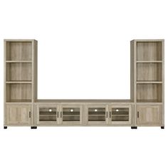 an entertainment center with shelves and doors on each side, in whitewashed wood finish