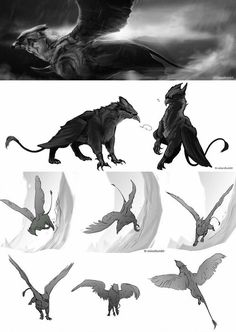 the concept art for godzilla's upcoming movie is shown in black and white, with different