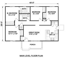 the main level floor plan for a two bedroom house with an attached bathroom and living room