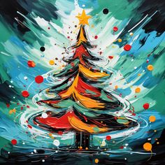 a painting of a christmas tree with red, yellow and blue colors on it's surface