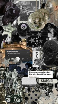 a collage of various images including stars, disco balls and other things in black and white