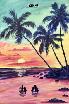 a painting of two chairs on the beach at sunset with palm trees in the foreground