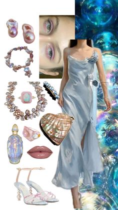 Pink And Light Blue Outfit, Style Chart Aesthetic, Light Blue Outfit, Fairycore Outfit, Princess Outfit, Venus Fashion, Blue Costumes, Mermaid Aesthetic, Pearls Jewelry