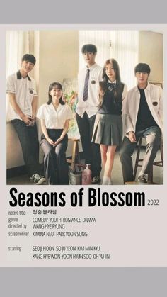 a group of people standing next to each other in front of a white poster with the words seasons of blossom on it