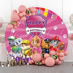 paw patrol birthday party decorations and balloons with the theme happy birthday to all of your furry friends