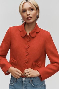 DOLAN Scallop Tweed Lady Jacket Red Tweed Jacket, Boho Essentials, Tweed Blazer Women, Lady Jacket, Work Blazer, Blazer Jackets For Women, Red Fits, Tweed Fabric, Tweed Blazer