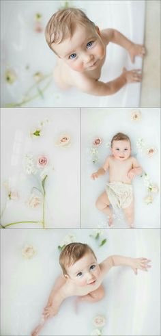 a baby is laying down in the bathtub with flowers on it's side