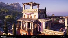 an old building in the middle of some trees and bushes with mountains in the background