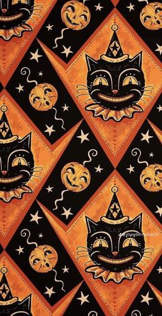 an orange and black pattern with cats on it