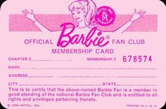 the official barbie fan club member's identification card is shown in pink and black