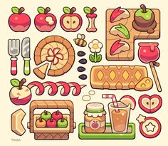 a bunch of food items that are on a white background, including apples and bread