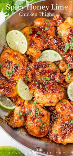 chicken thighs with limes and cilantro in a skillet