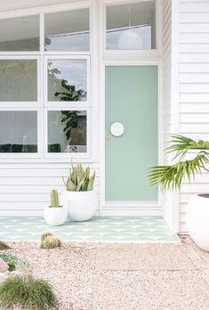 a white house with two plants in front of it and a green door on the side