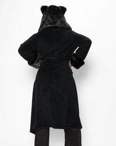 Luxury Robe for Women - Classic, Faux Fur Robe Wrap yourself in our women's luxury robe, featuring an oversized hood and ears in classic black on black, with a hint of sparkling tinsel glitter throughout the black faux fur trim. The plush double-sided body fabric offers incredible comfort and warmth. Our snuggly luxury bathrobes are crafted from high-quality, Oeko-Tex Certified, and Peta-Approved-Vegan materials for a cozy and responsible choice. You may even find yourself wearing it everywhere, Luxury Robes, Black Faux Fur, Black Glitter, Fur Trim, Black Panther, Panther, Classic Black, Faux Fur, High Neck Dress