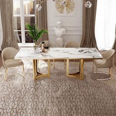 an elegant dining room with marble table and chairs