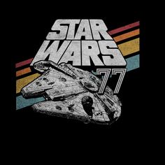 a star wars t - shirt with a spaceship on the front and rainbow stripes in the background