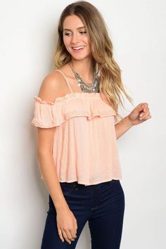 Square Neckline Cold Shoulder Short Sleeve Top, With Ruffled Detail. Fabric Content: 100% RayonDescription: L: 22" B: 32" W: 38" Sleeveless Off-shoulder Top With Ruffles, Feminine Off-shoulder Top With Ruffles For Summer, Summer Sleeveless Off-shoulder Top With Ruffles, Spring Sleeveless Off-shoulder Top With Ruffles, Spring Off-shoulder Ruffle Top, Feminine Blouse With Ruffled Straps For Day Out, Casual Spring Blouse With Ruffled Straps, Flowy Casual Tops With Ruffled Straps, Off-shoulder Ruffled Tops For Vacation