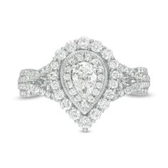 a pear shaped diamond ring with two rows of diamonds on the band and an oval shape center