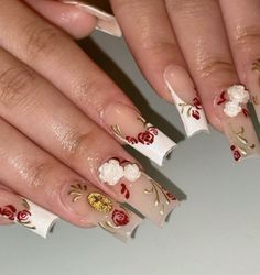 Apres Nails Design, Baroque Nails, Nail Flowers, Custom Nails, Long Acrylic Nails Coffin, Rose Nails, Unique Acrylic Nails, Soft Nails, Long Square Acrylic Nails