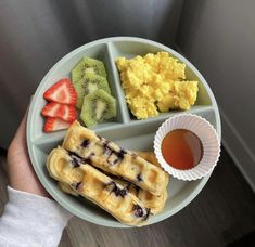 a person holding a plate with fruit, waffles and other foods on it