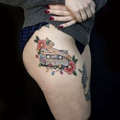 a woman's thigh with tattoos on it