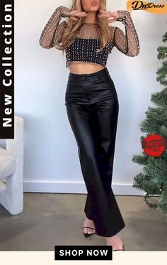 Timelessly Trendy Leather Pocket Buttoned High Rise Wide Leg Pants Trousers Outfit Night Out, Classy Edgy Outfits, Leather Trousers Outfit, Classy Pants, Basic Clothing, Winter Mode Outfits, Casual Party Outfit, Vegas Outfit, Winter Fashion Outfits Casual