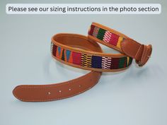 **HOW TO ORDER SIZE** These sizes are not the same as U.S. standard sizes. To be sure you are ordering the correct size, please see our instruction page on our photos. These beautiful colorful belts are a combination of genuine leather and Mayan Indian weaves from the village of Totonicapán, Guatemala. This is a great choice for both men and women and would make a stunning addition to any wardrobe. The belts are 100% artisan made. Due to the natural state of the leather and handcrafted nature, t Mexican Leather Belts, Leather Woven Belt, Handmade Multicolor Bohemian Belt, Adjustable Multicolor Leather Belts, Adjustable Artisan Multicolor Belt, Multicolor Embroidered Leather Belt, Rustic Brown Hand-tooled Belt, Handmade Leather Belt, Suspender Belt