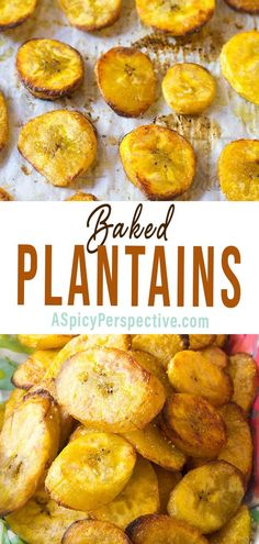 baked plantains on a baking sheet with the title above it