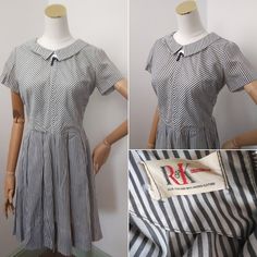 1950s grey stripe zig zag pattern dress With one button detail and collar to top of dress  Great basic stylish dress Good vintage condition  Measures bust 34" waist 28" hips free bodice length 16" dress length 36" hem 4" Fitted Dress With Striped Collar For Daywear, Striped Fitted Collared Dress, Fitted Striped Collared Dress, Vintage Striped Workwear Dresses, Vintage Striped Dress For Work, Vintage Striped Dresses For Work, Tartan Suit, White Shift Dresses, 16 Dress