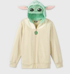 a child's hoodie jacket with an image of yoda on the front