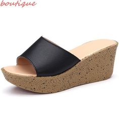 Leather Wedge Heel Slip-on Sandals, Leather Wedge Sandals With 4-inch Heel For Beach, Leather Wedge Sandals With 4-inch Heel, Open Toe, Medium Width Open Toe Wedge Sandals With 4-inch Heel, Leather Slip-on Wedge Sandals With Buckle Closure, Summer Slide, Leather Slippers, Casual Sandals, Wedge Heels