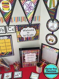 a classroom display with crayon theme and welcome to class banner on the wall