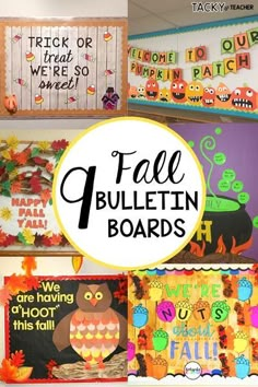 bulletin boards with the words fall written on them and an owl in front of them