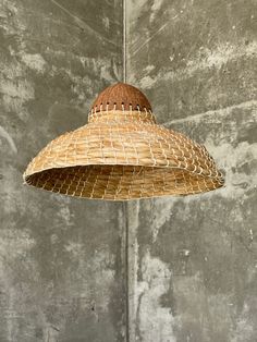 a lamp hanging from the ceiling in front of a concrete wall