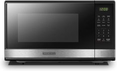 a black and silver microwave oven on a white background