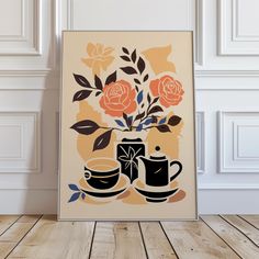 a painting with coffee cups and roses in it on a wooden floor next to a white wall