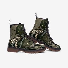 Mushroom Shoes, Mushroom Vegan, Green Mushroom, Hippie Boots, Amanita Muscaria, Doc Martin, Vegan Leather Boots, Ankle Support, Fashion Spring