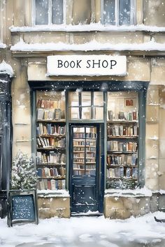 a painting of a book shop with snow falling on the ground and bookshelves