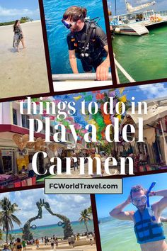 A collage of photos of the best things to do in Playa del Carmen Mexico. From a woman walking on one of the best beaches in Playa del Carmen to a man scuba diving in the Caribbean Sea and a catamaran ocean cruise in Mexico. Quinta Ave in Playa del Carmen and a man snorkeling with sea turtles. Mexico Travel Outfit, Diving With Sharks, Catamaran Boat, Xel Ha, Mexico Itinerary, Tulum Travel Guide