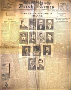 an old newspaper with pictures of men and women in irish times on the front page