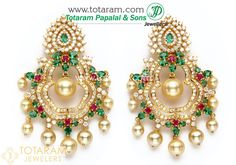 ChandBali Earrings - Diamond Drop Earrings in 18K Gold With South Sea Pearls & Color Stones - 235-DER669 in 41.950 Grams 22 Karat Gold Jewelry, Diamond Jhumkas, Chand Bali, Indian Diamond Jewellery, Indian Gold Jewelry, Diamond Earrings For Women, Diamond Earrings Design, Chandbali Earrings, Color Stones