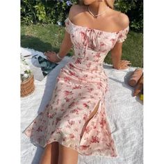 -Item Id 32385741 -Color: Pink -Style: Boho -Details: Knot, Split Thigh, Ruched Bust -Pattern Type: Floral, Plants, All Over Print -Type: A Line -Neckline: Off The Shoulder -Sleeve Length: Short Sleeve -Sleeve Type: Puff Sleeve -Waist Line: High Waist -Hem Shaped: Slit -Length: Midi -Fit Type: Regular Fit -Fabric: Non-Stretch -Material: Woven Fabric -Composition: 100% Polyester -Care Instructions: Machine Wash, Do Not Dry Clean,Wash With The Soft Detergent -Body: Yes -Sheer: No Ships In 5-8 Days Outfits Guide, Night Wear Dress, Romantic Maxi Dress, Italy Outfits, Chiffon Floral, Dress Aesthetic, Pink Floral Dress, Chic Dresses, Romantic Dress